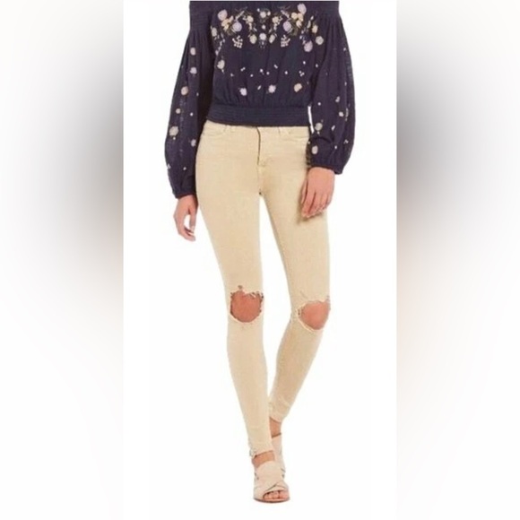 Free People Busted Knee Skinny Jeans Khaki Tan 25 - Picture 7 of 9